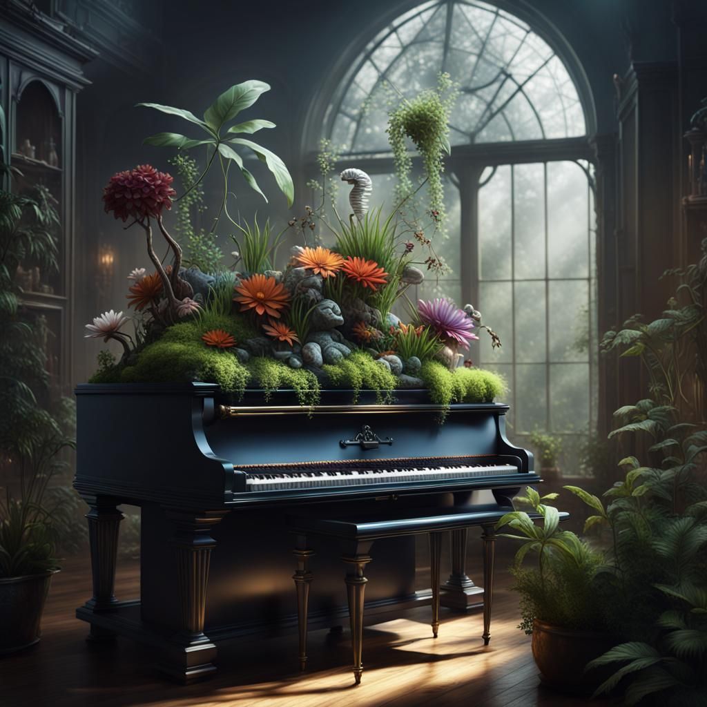 Skeletal Pianist in Floral Terrarium: Dreamy Art