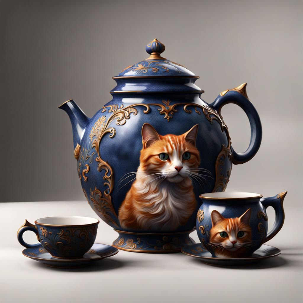 Cat Teapot with Trompe L'oeil Painting