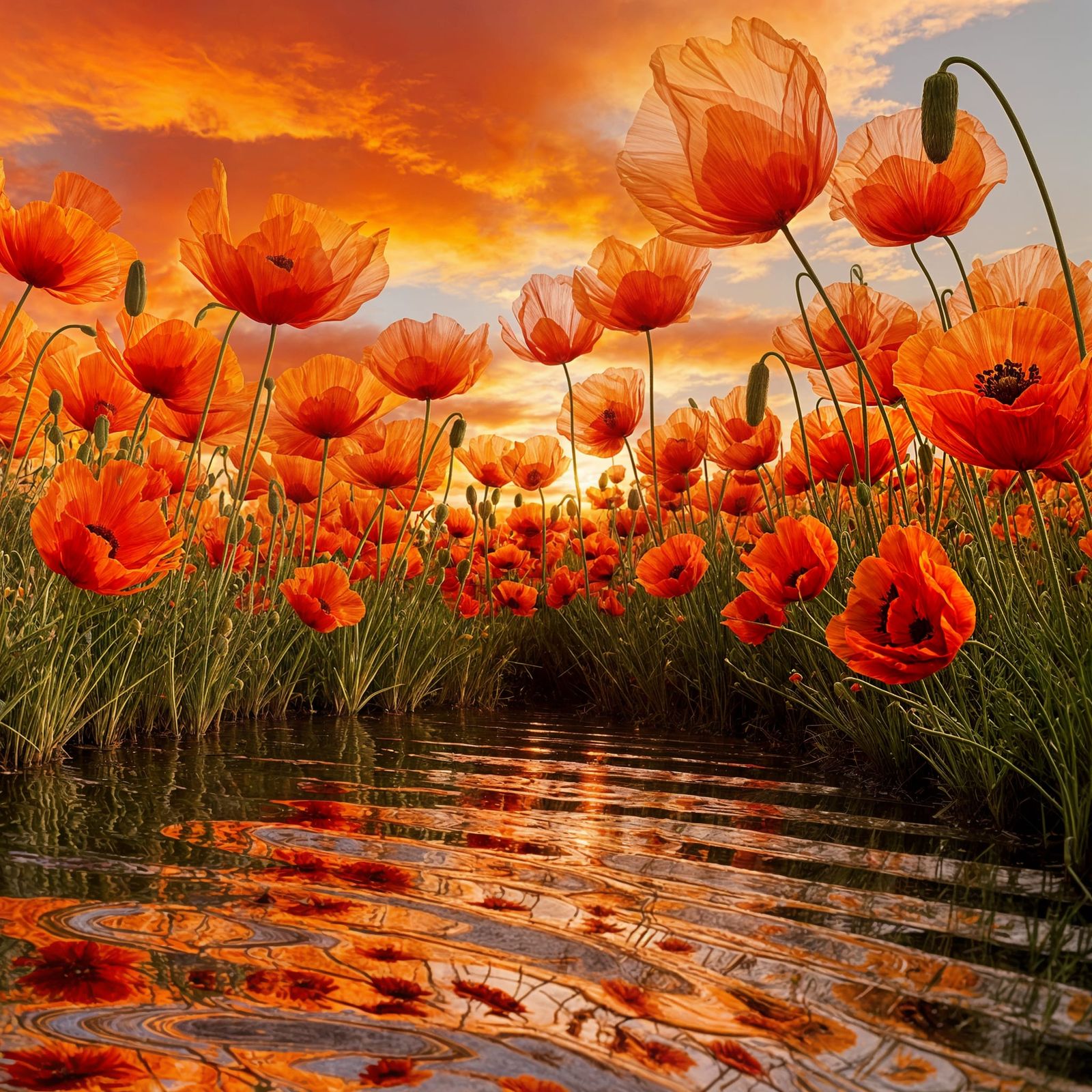 Orange Poppies Field at Sunset 3D Render