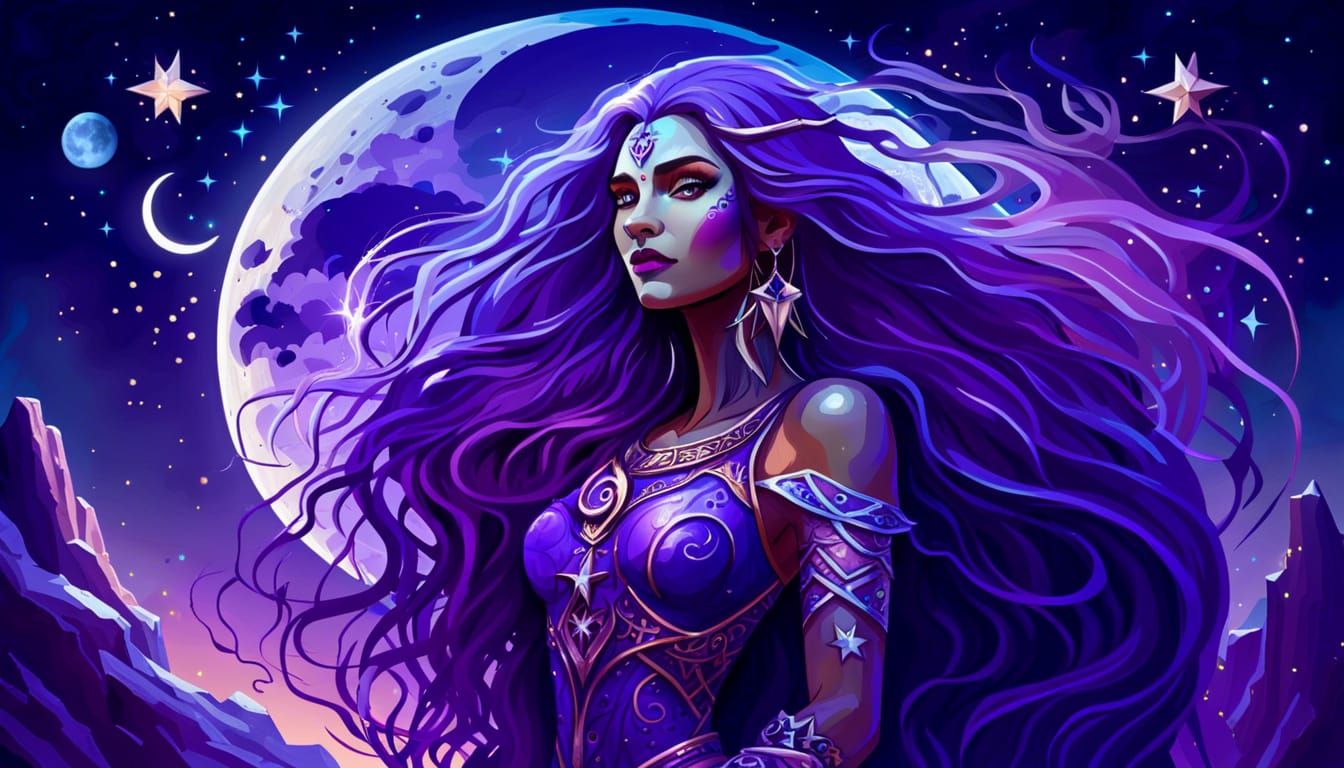 Fantasy Goddess with Purple Hair and Moon in Background