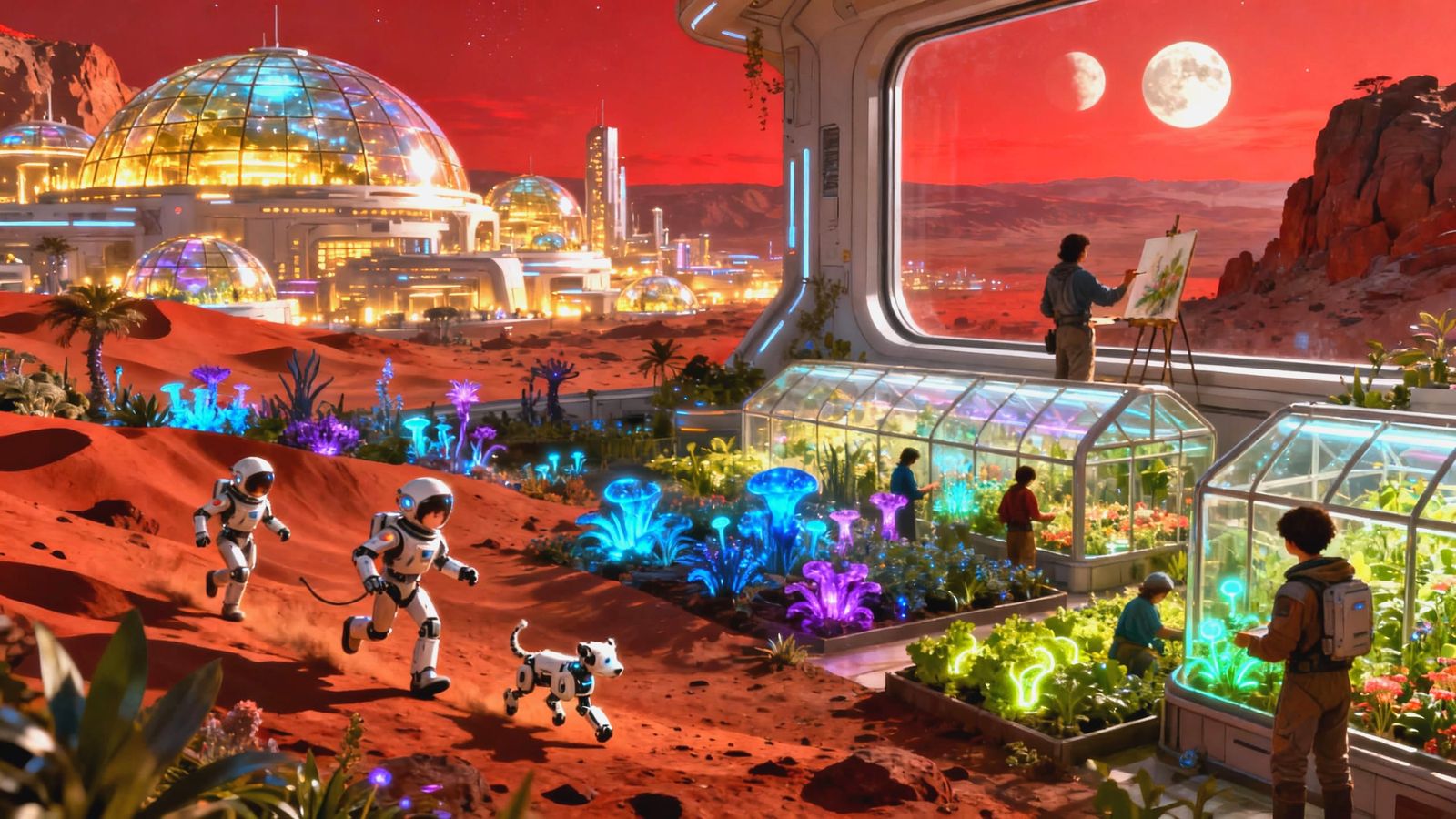 Future Mars Colony with Bioluminescent Plants and Twin Moons
