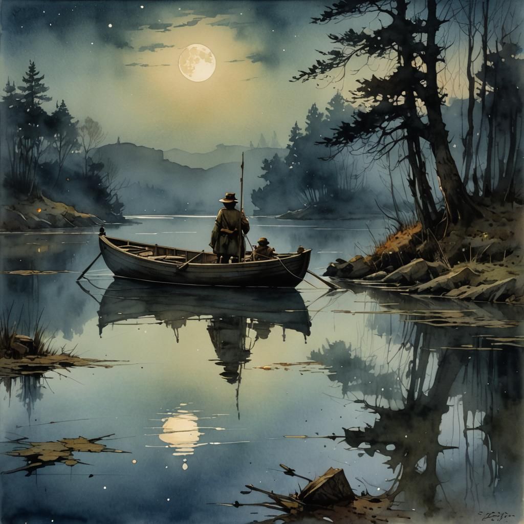 Moonlit Lake: Watercolor Painting in Waterhouse Style