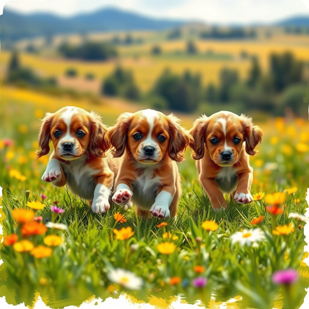 Cavalier King Charles Spaniels Play in Hockney-esque Landsca...