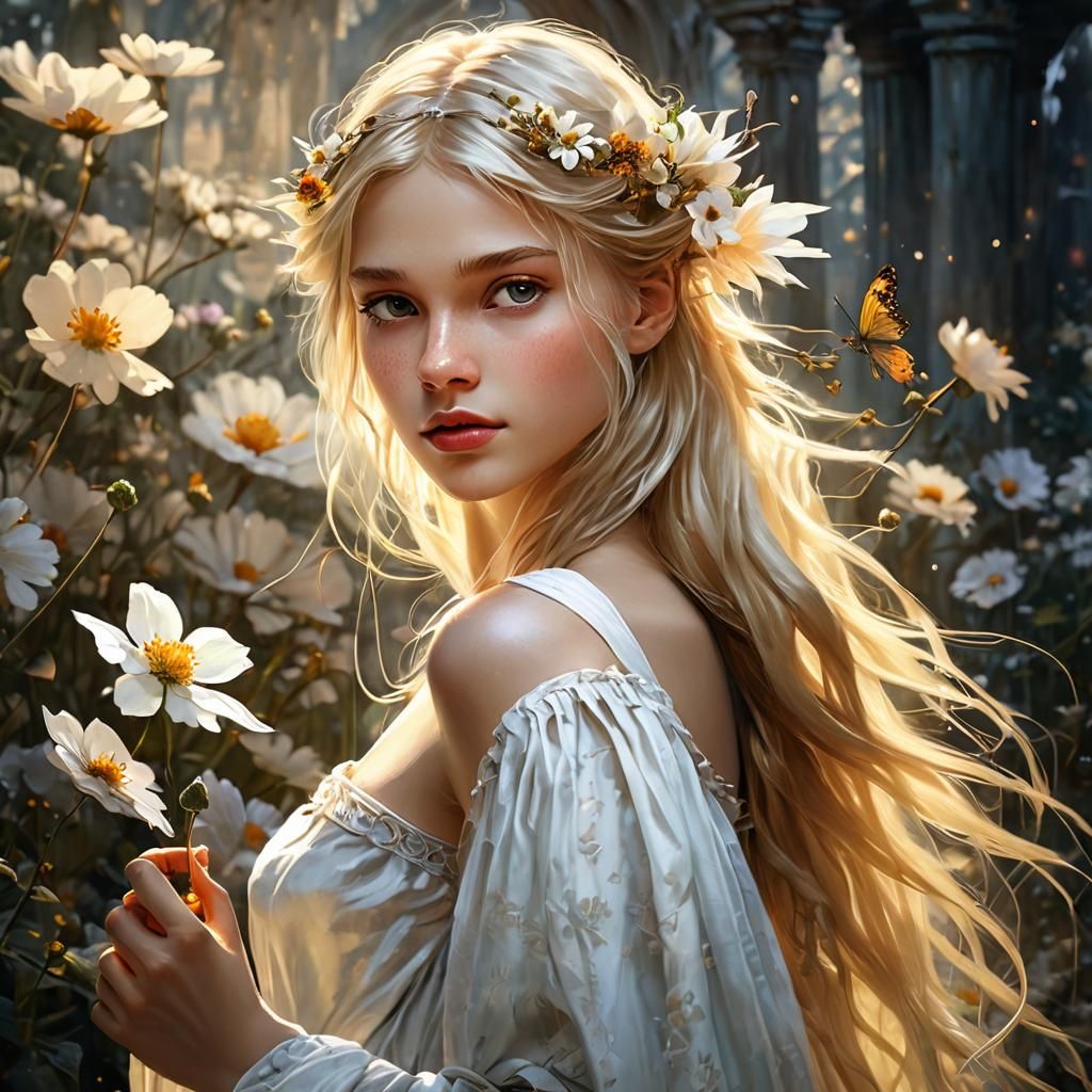 Blonde Fairy with Flower, Digital Painting in Pre-Raphaelite...