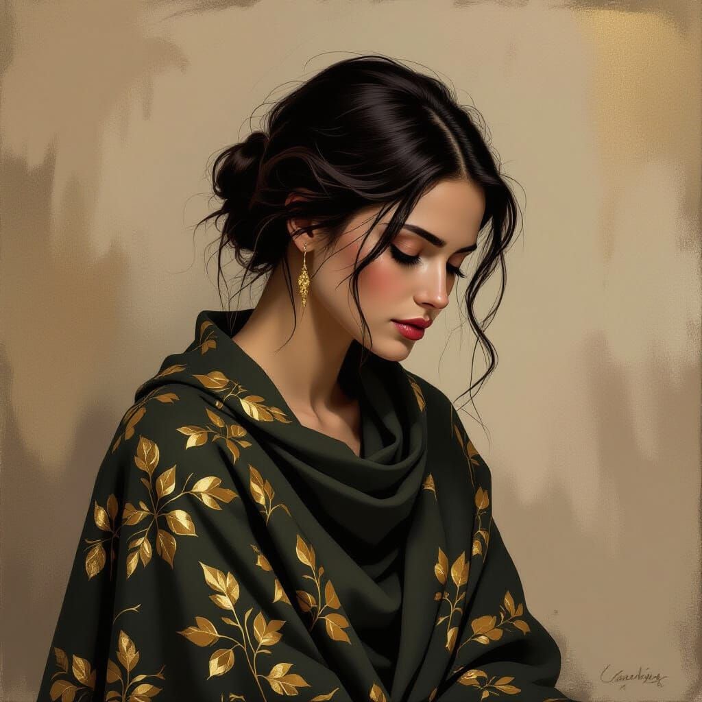 Contemplative Woman with Gold Leaf Shawl in Chiaroscuro Styl...