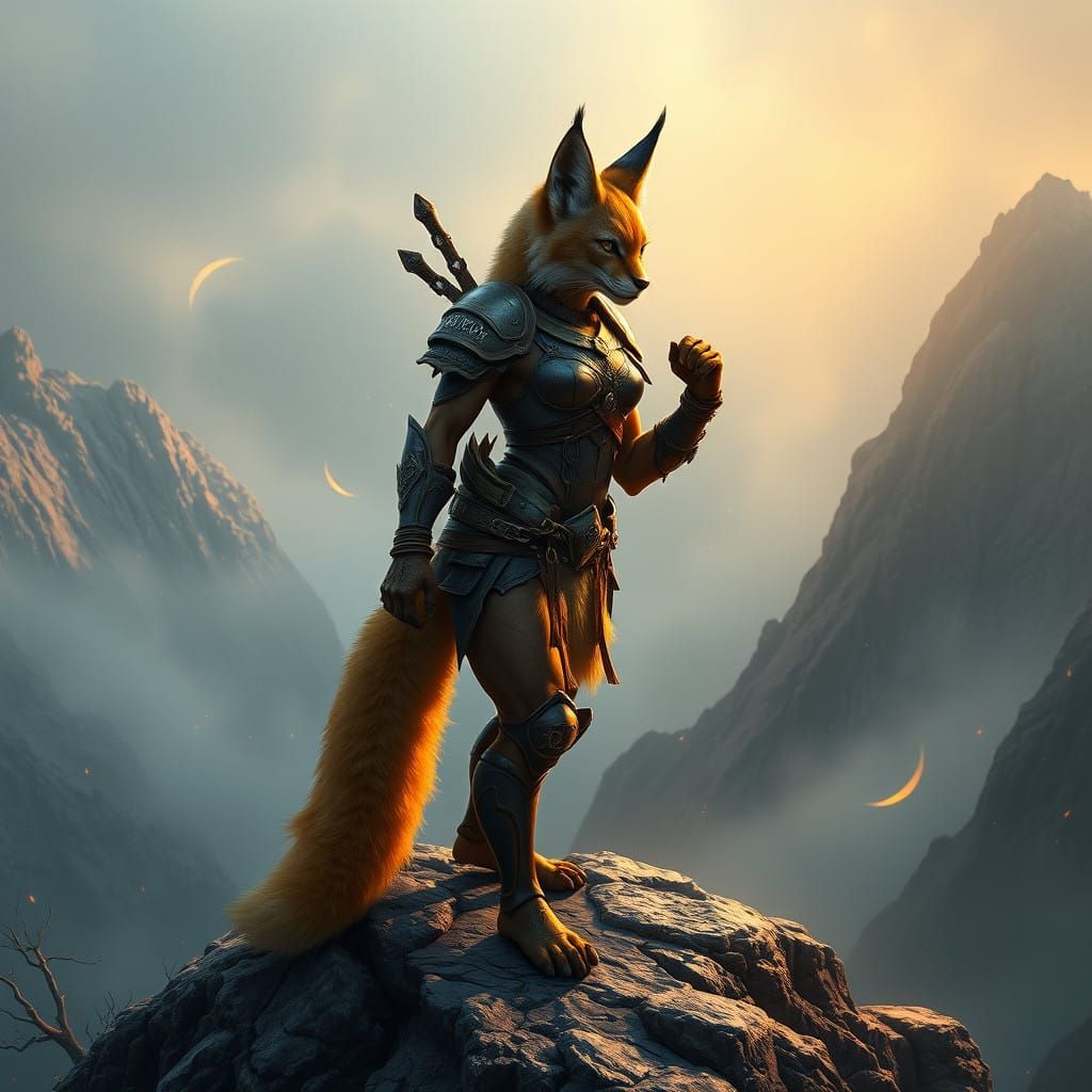 Ethereal Lynx Warrior Stands Guard on Ancient Mountain Peak