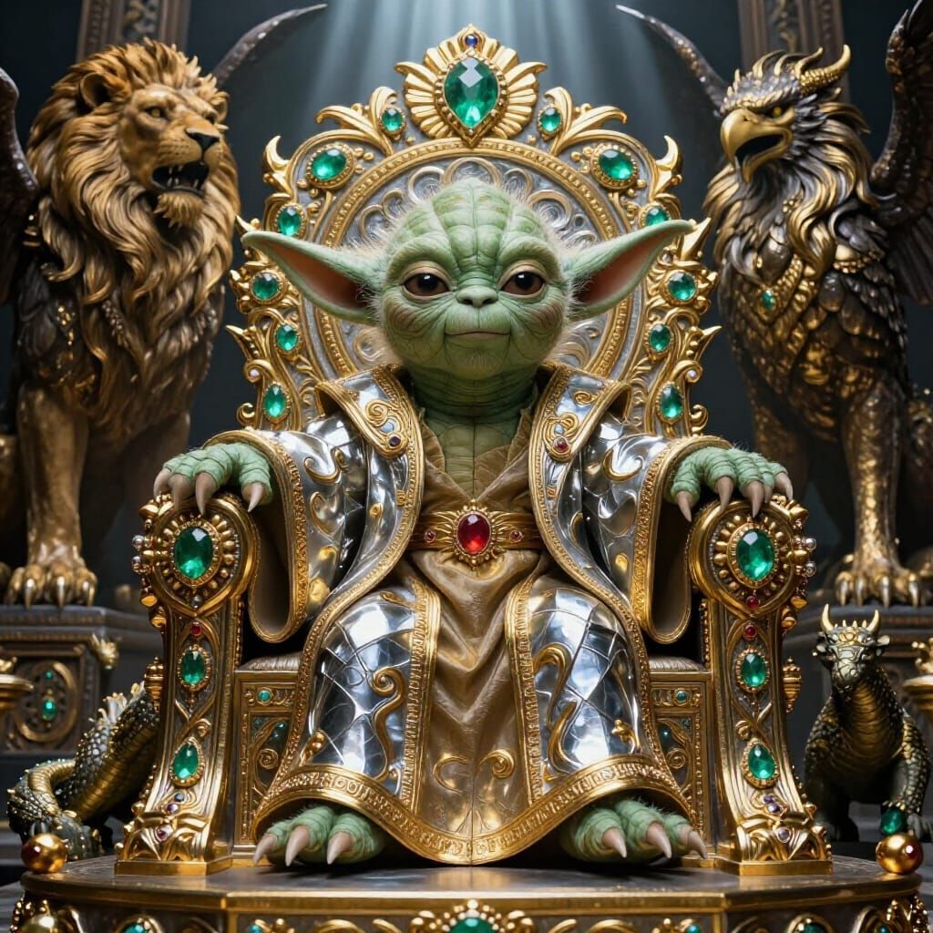 Ancient Yoda on Obsidian Throne with Mythical Guardians