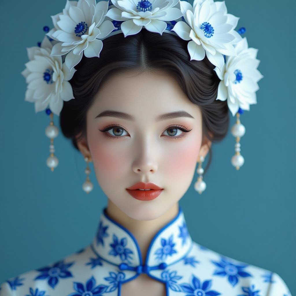 Porcelain Woman with Blue Floral Patterns