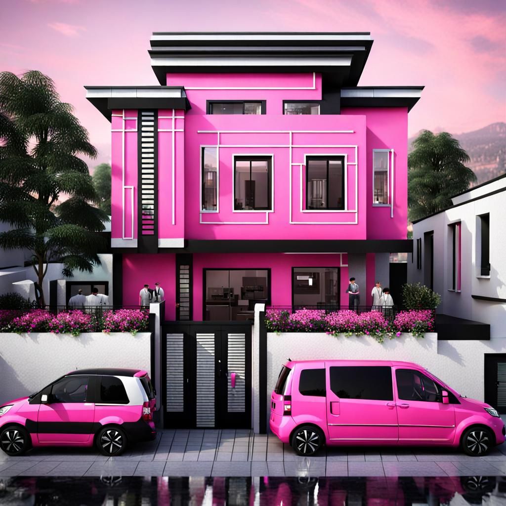 Utopian Cityscape with Large House in Pink and Silver