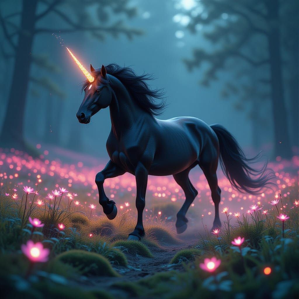 Black Unicorn Prancing Through Bioluminescent Flower Field