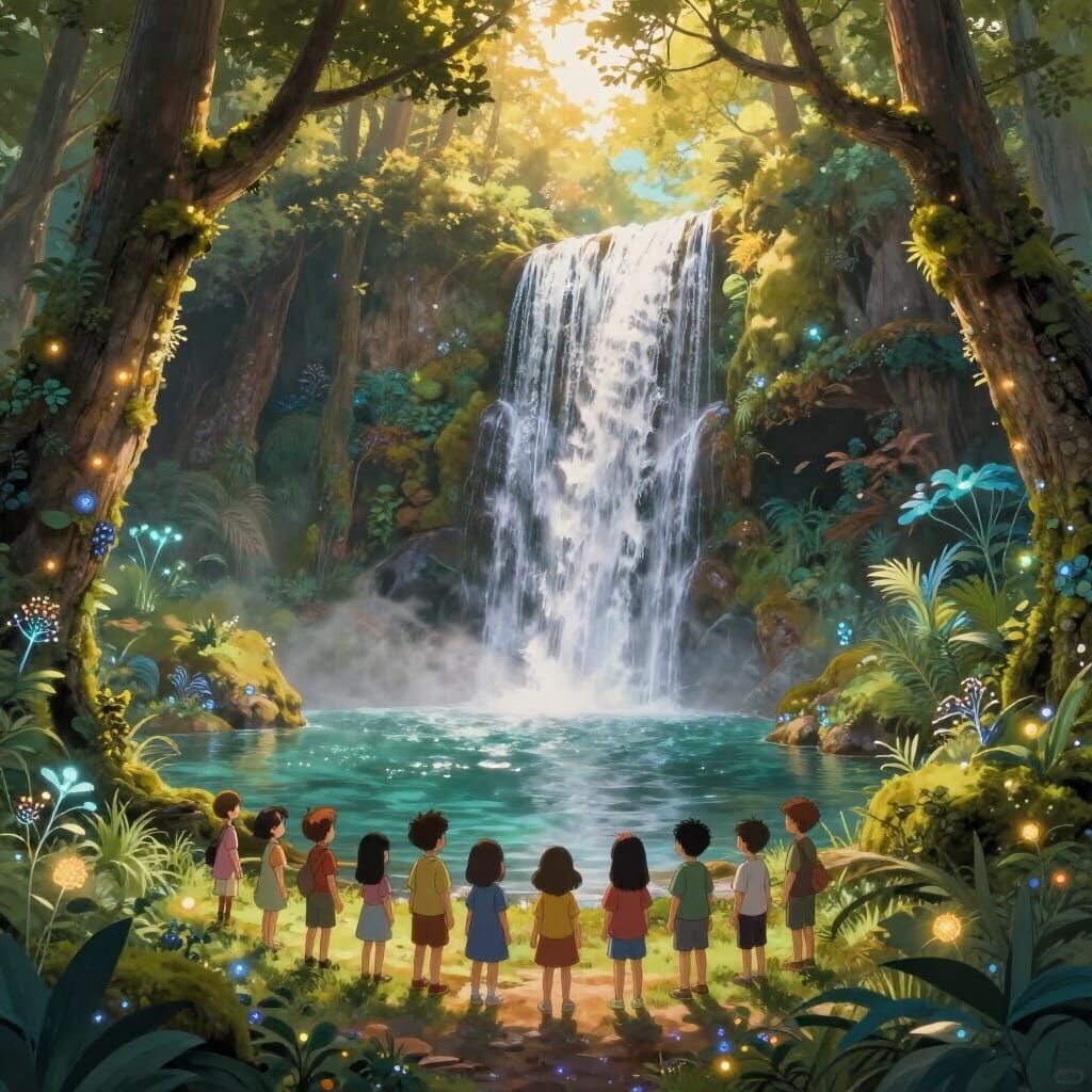 Enchanted Forest Waterfall With Glowing Flora and Children