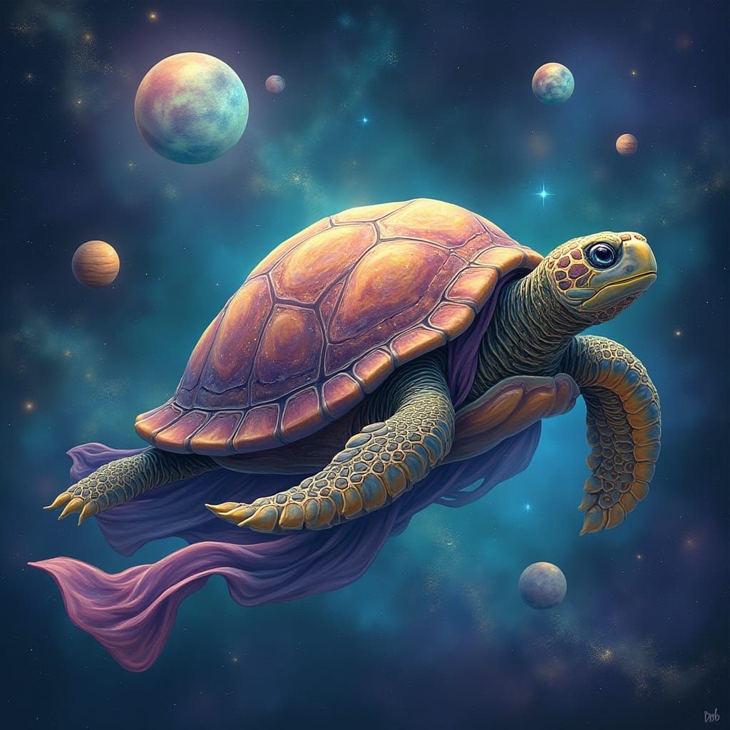 Celestial Turtle Drifting Through a Swirling Galaxy
