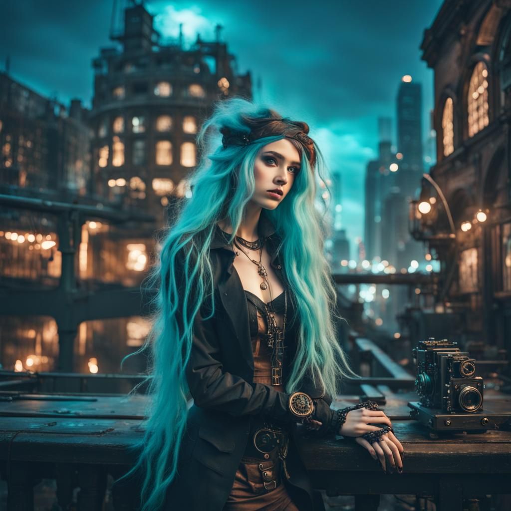 Steampunk Artist in Neon Cityscape