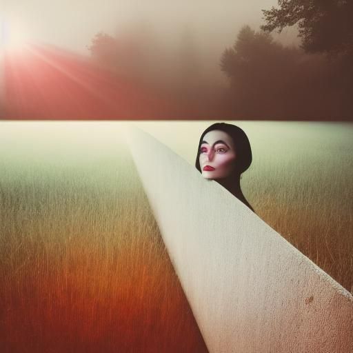 Surreal Woman with Symmetrical Smile in Dreamlike Lighting