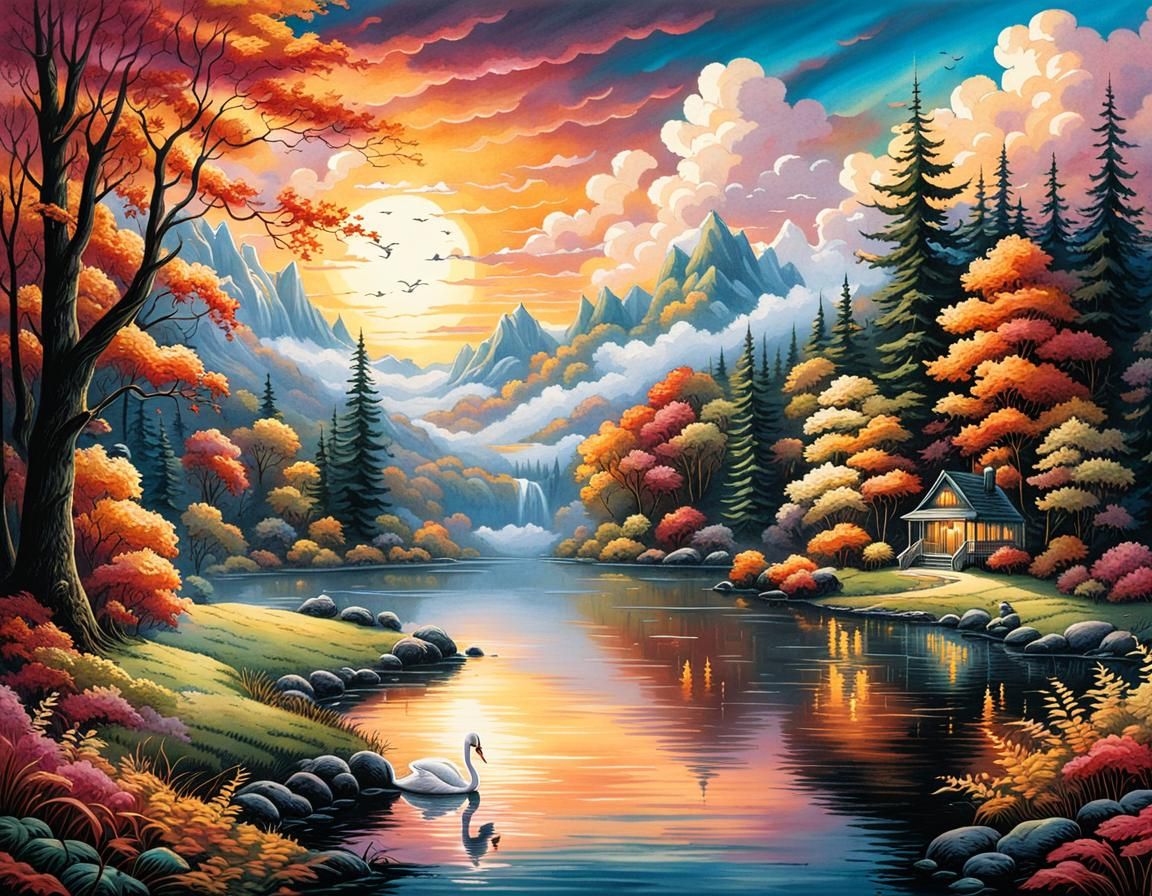 Autumn Swan on Lake: Watercolor Ink Drawing