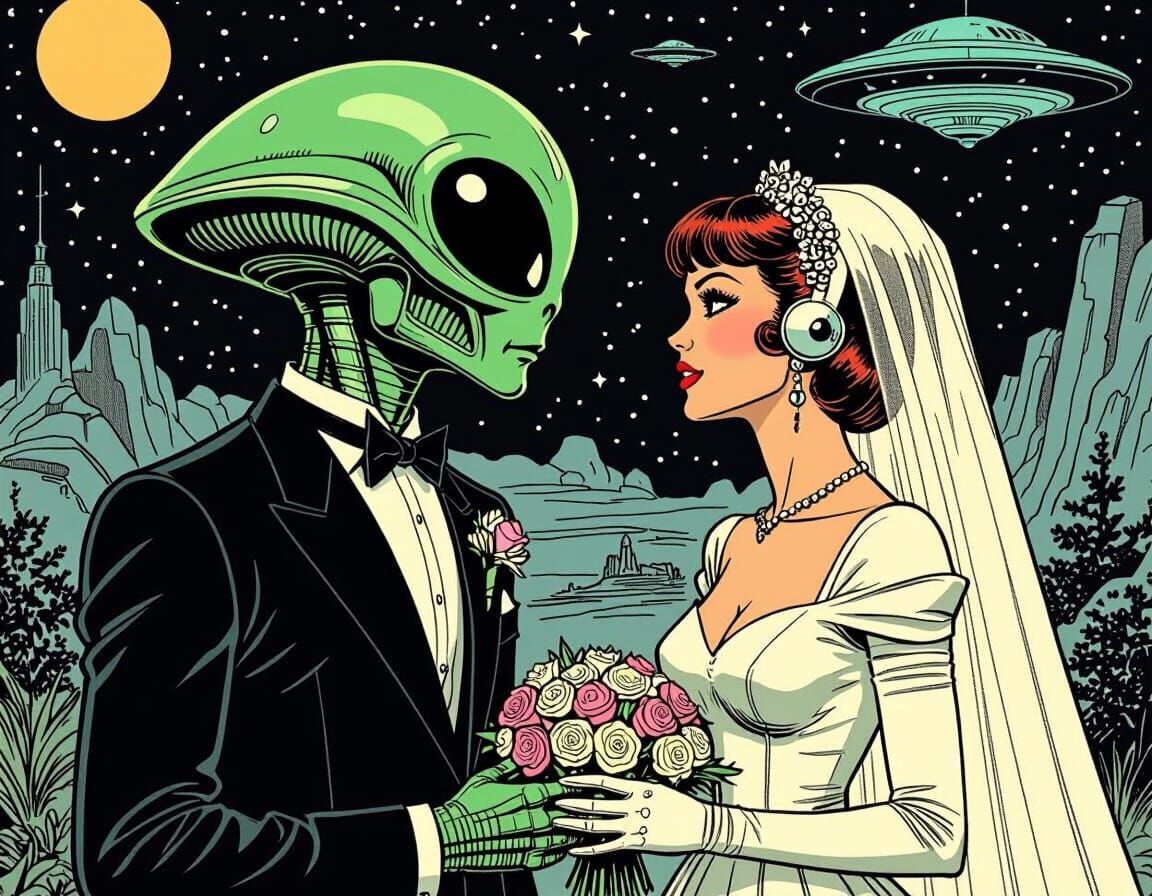 Retrofuturistic Alien Wedding in Comic Book Style