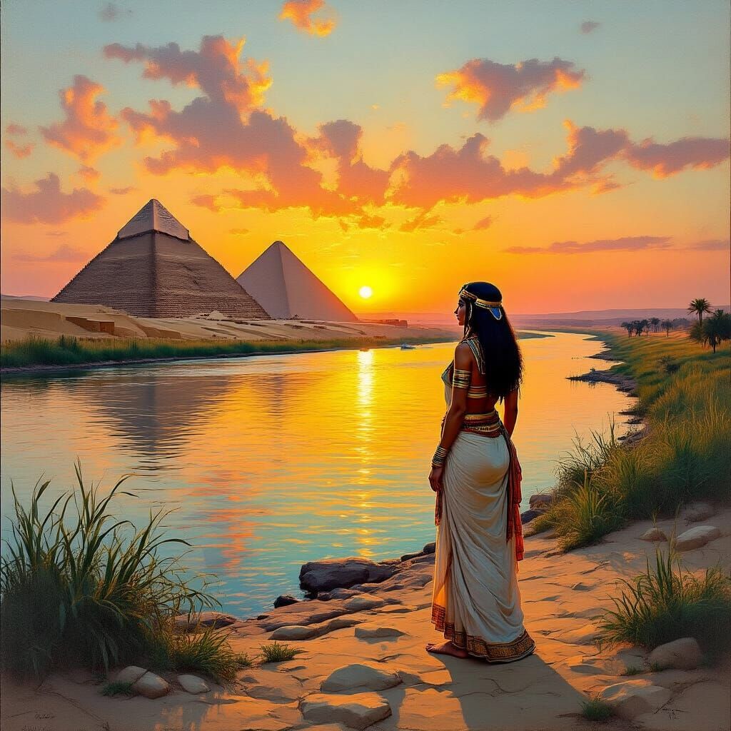Egyptian Woman at Nile River Sunset in Hyperrealism