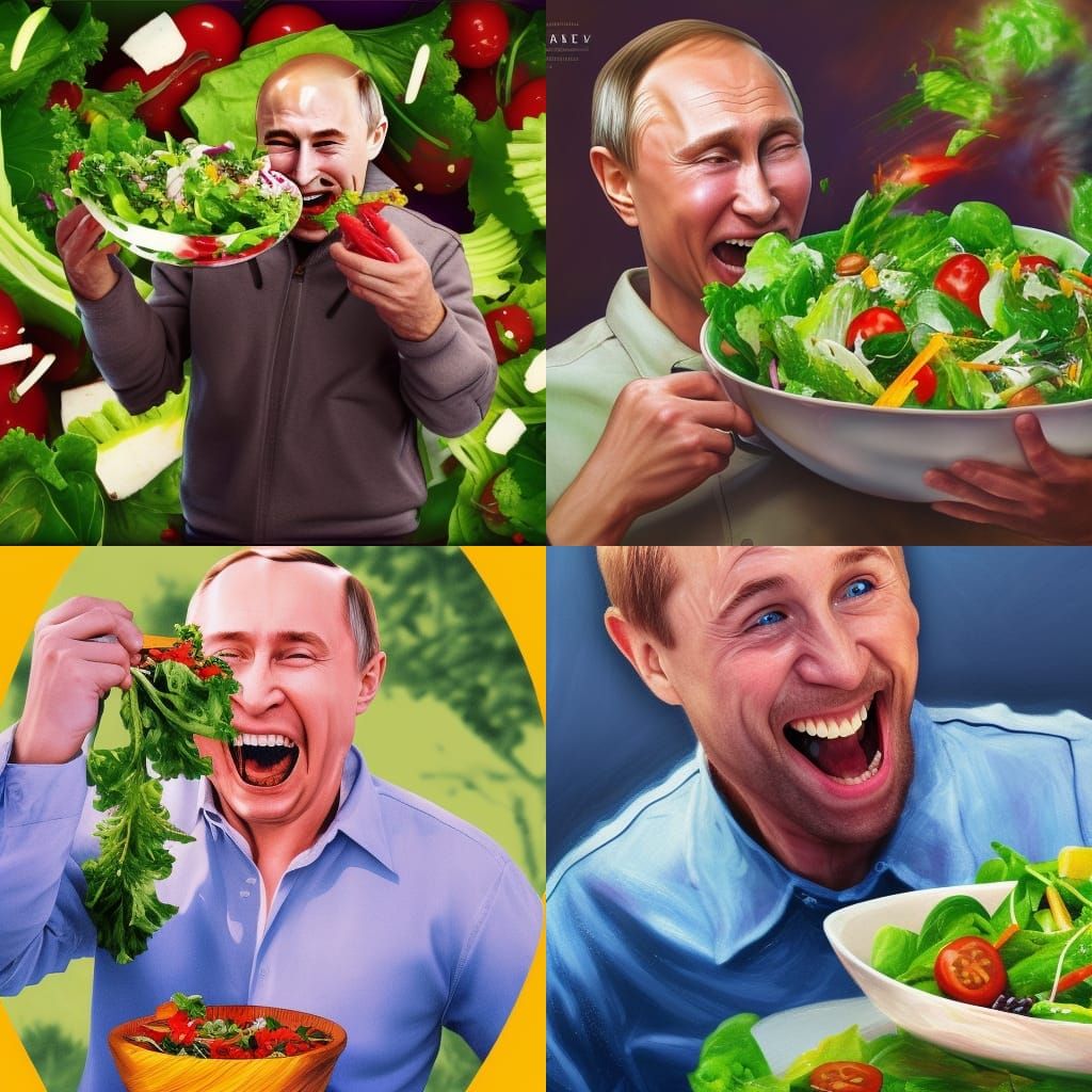 Hyperrealistic Image of Putin Laughing Eating Salad