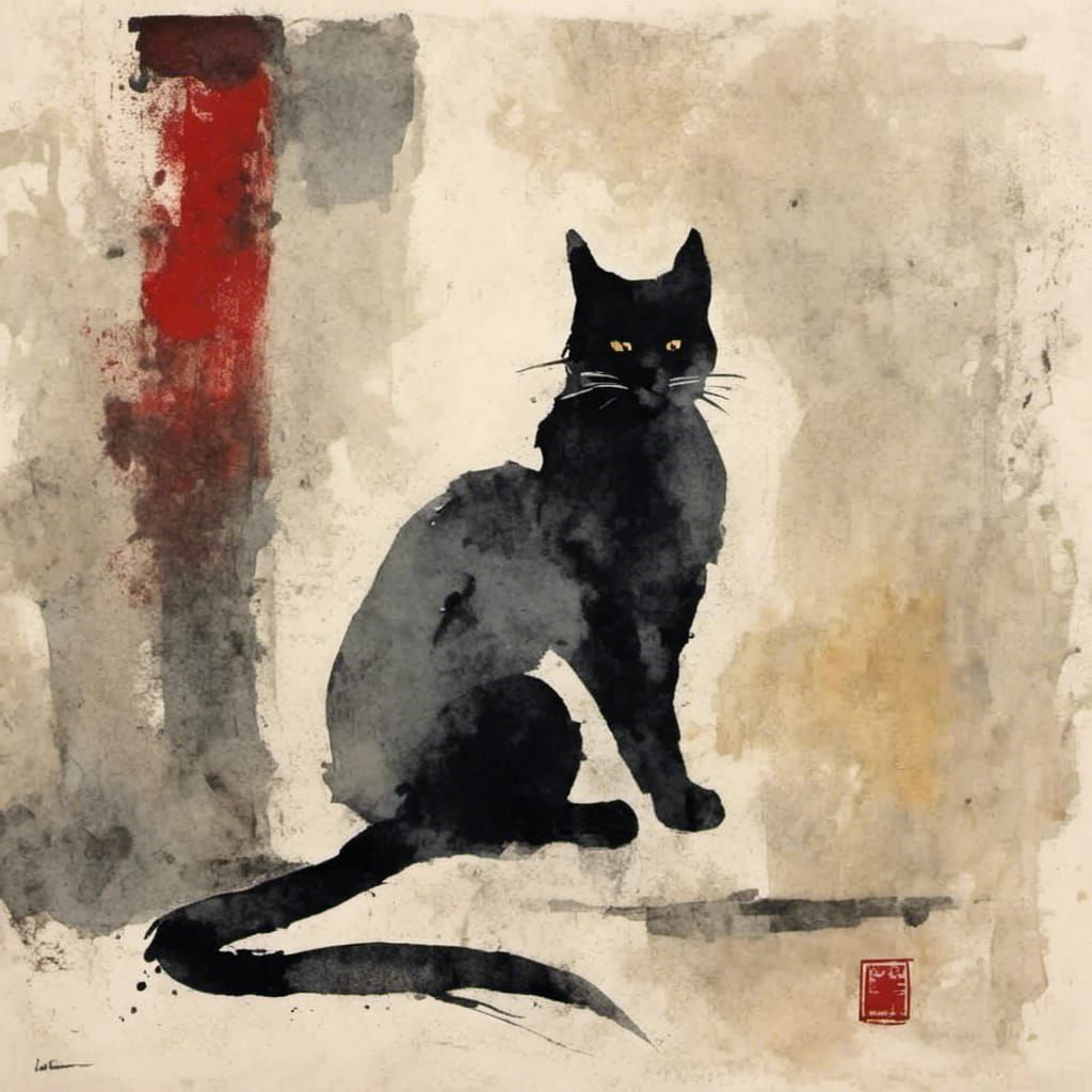 Minimalist Black Cat in Japanese Ink Art