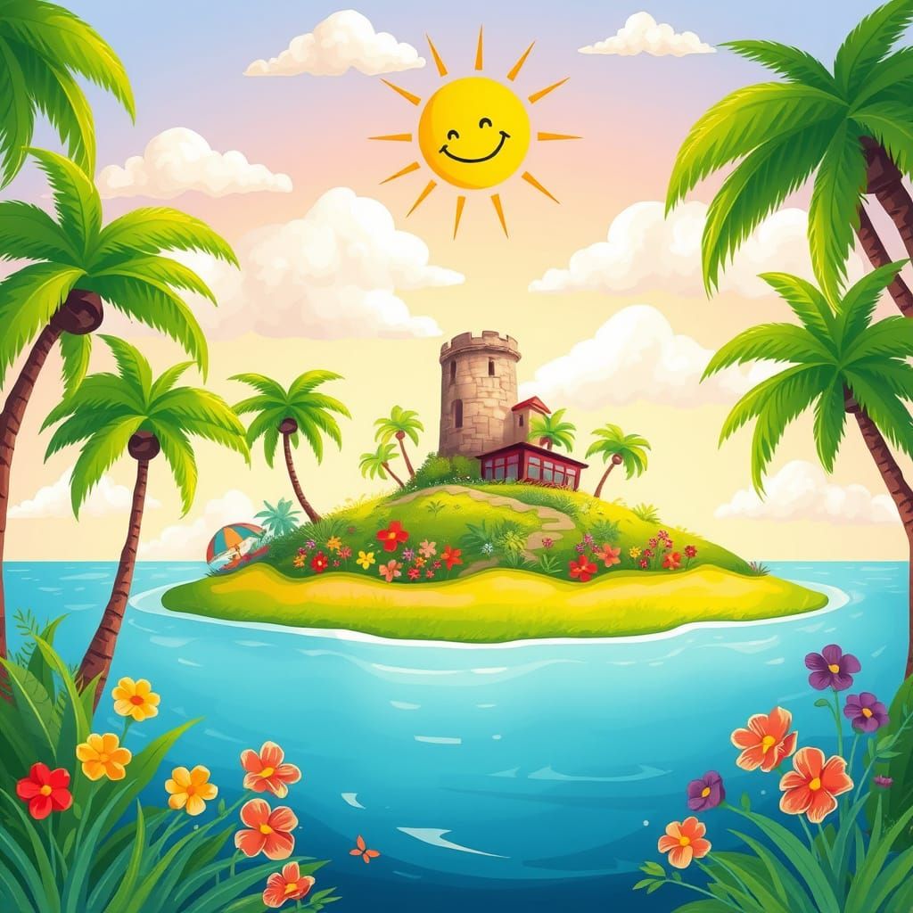 Cartoon Island with Coconut Trees and Smiling Sun