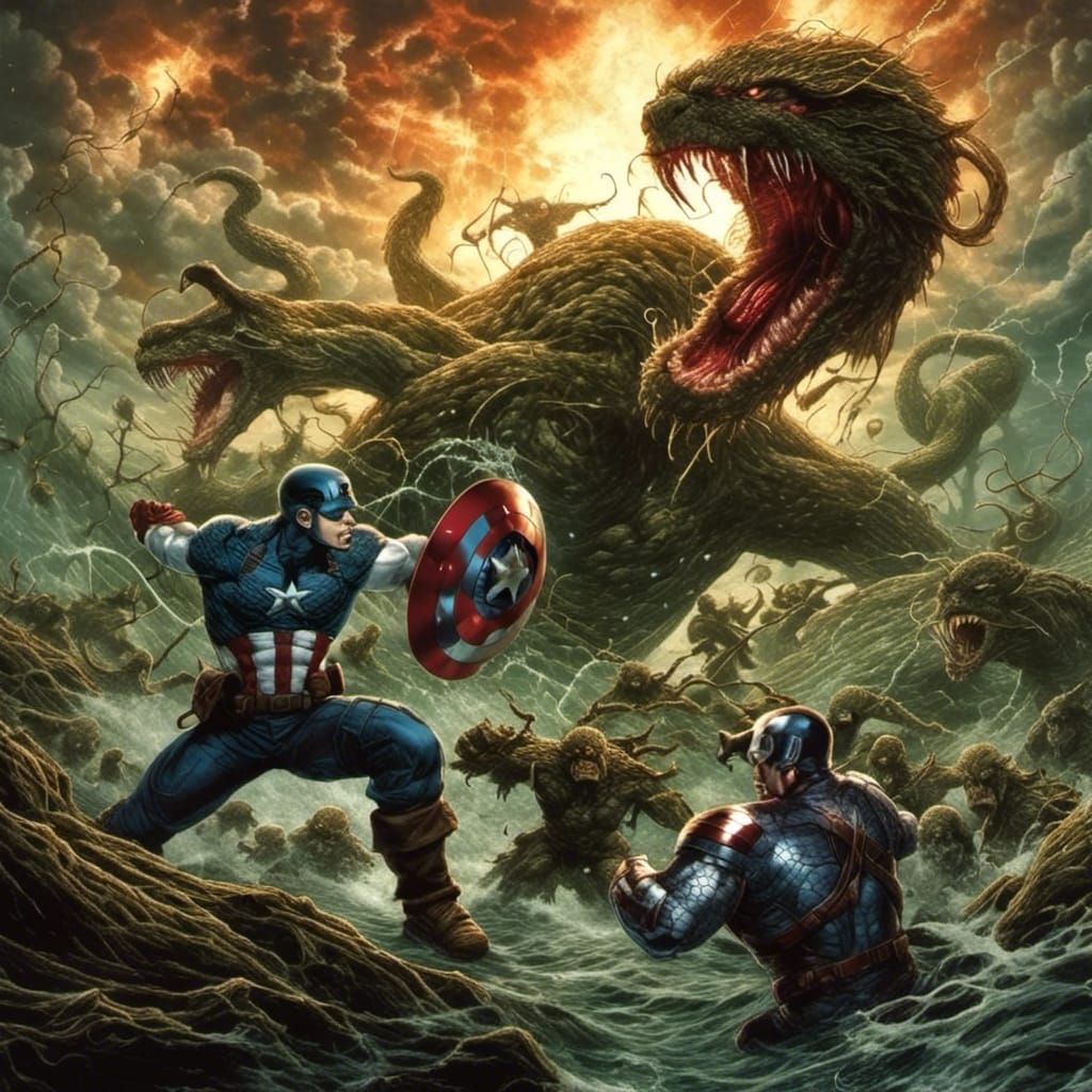 Captain America Battles Hydra in Dark Fantasy Comic Art