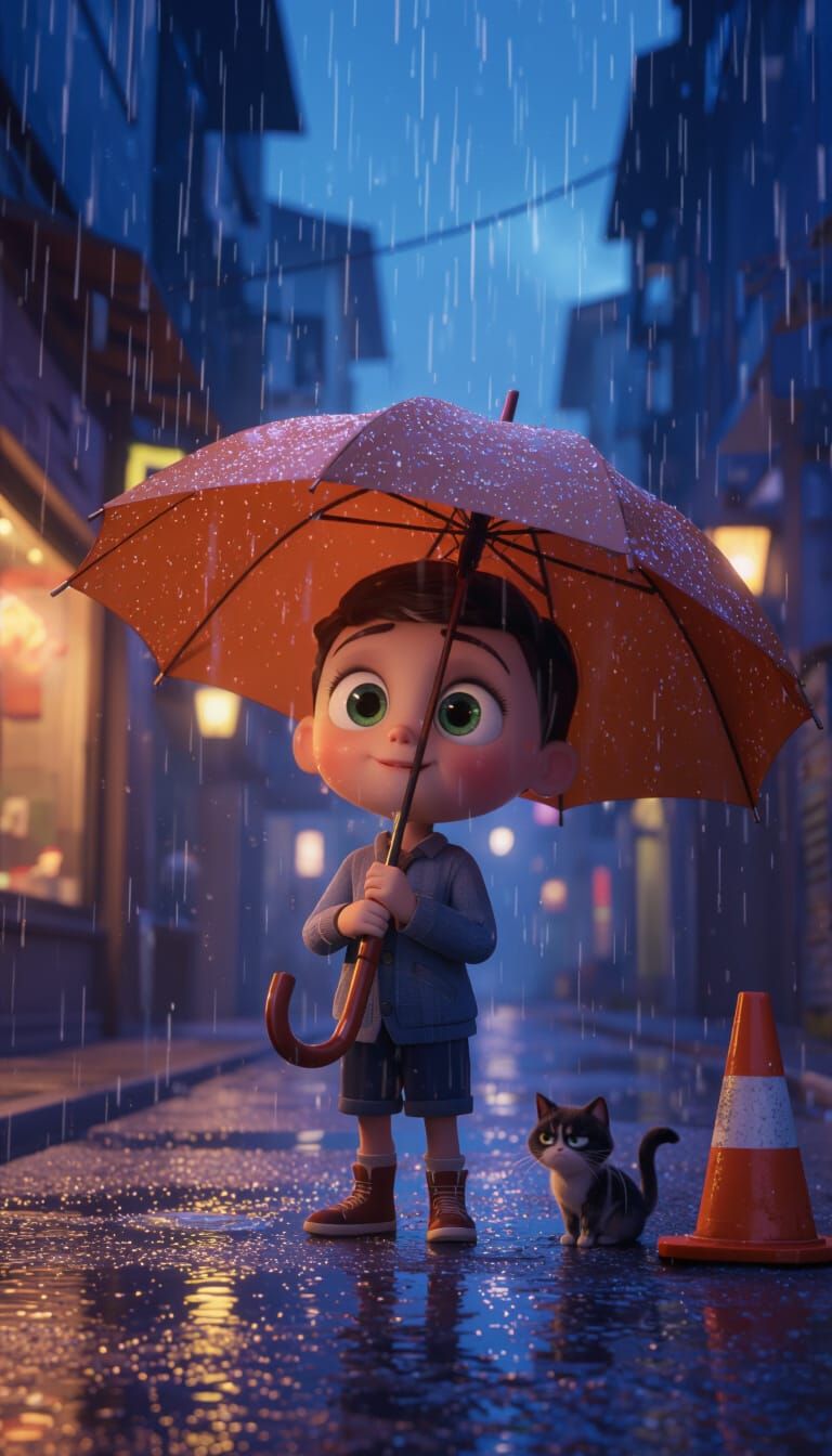 Sentient Umbrella Searches Monsoon City at Dusk