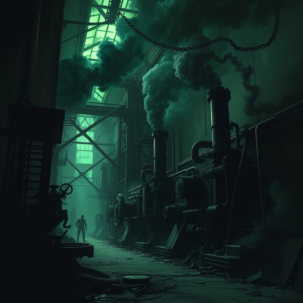 Sinister Factory Emits Dark Smoke Under Sickly Light