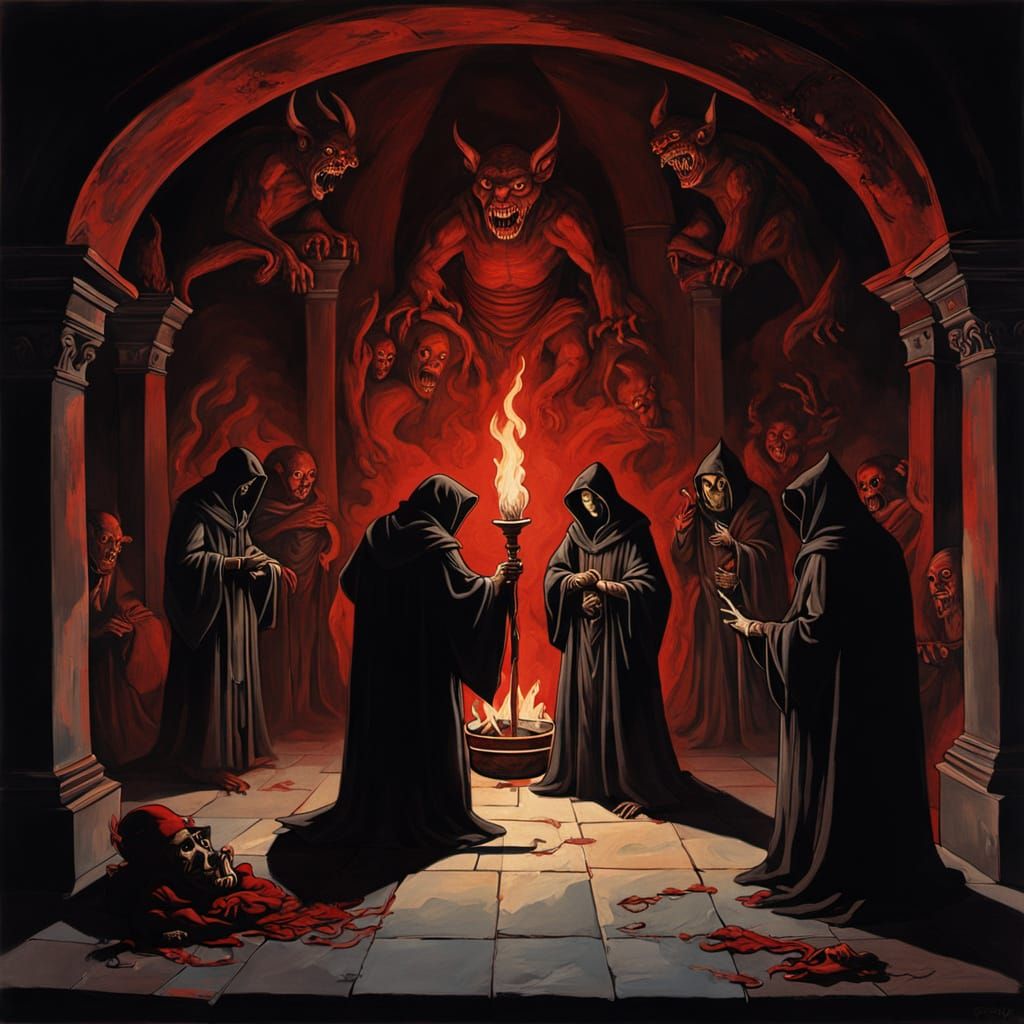 Hooded Figures Perform Ritual in Dark Fantasy Chamber