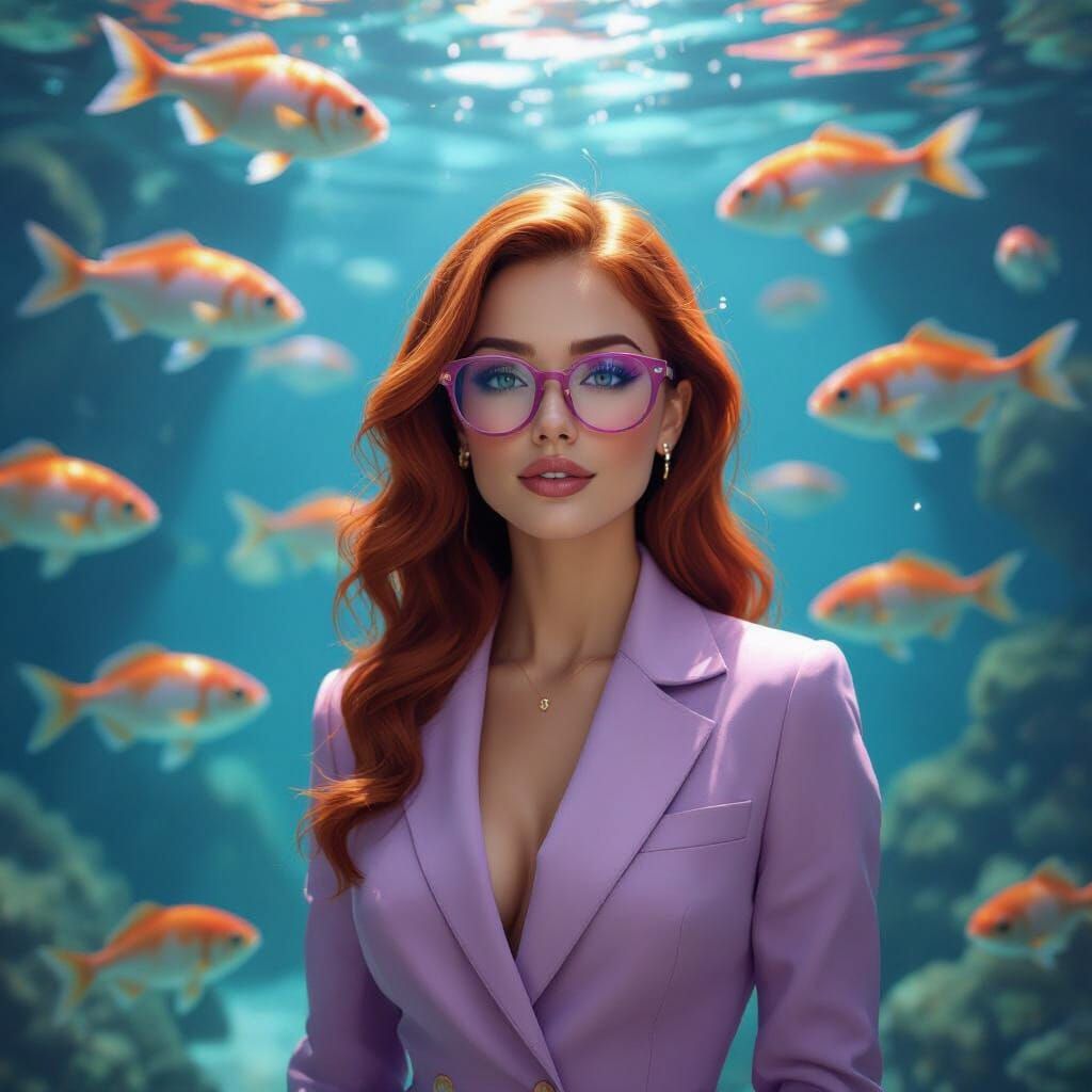 Woman in Purple Outfit with Red Hair and Lilac Glasses