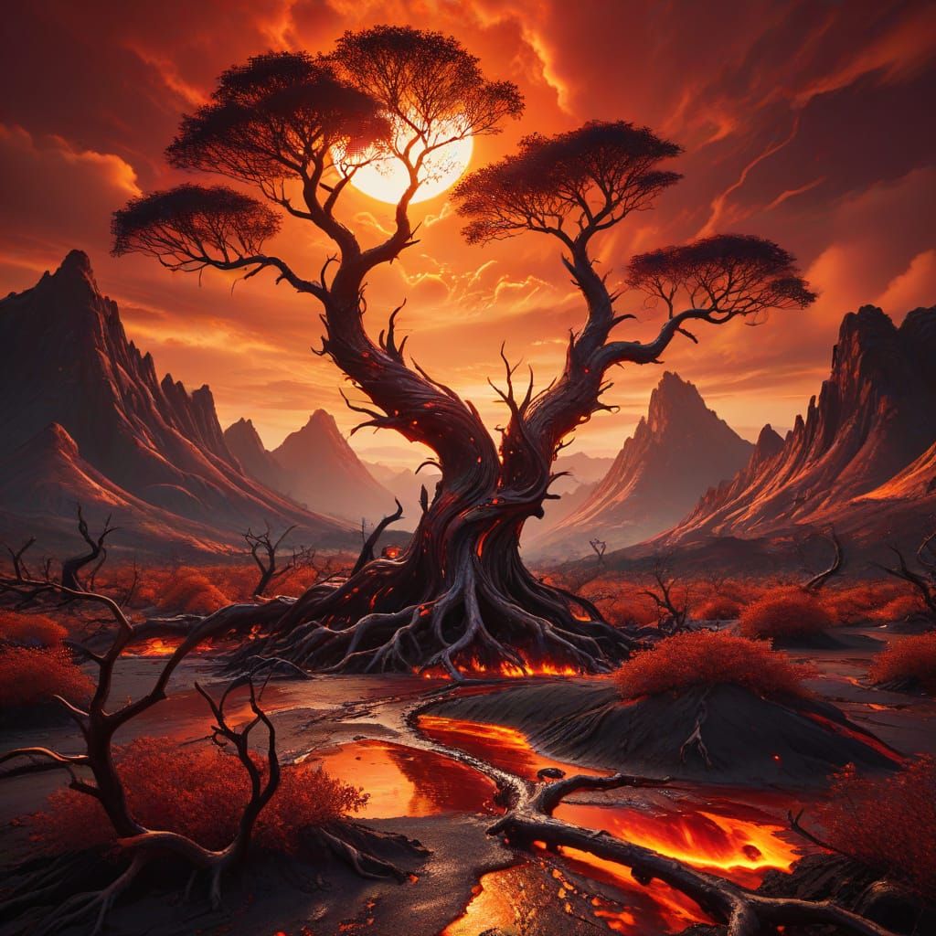 Surreal Landscape: Fiery Mountains and Strange Creatures