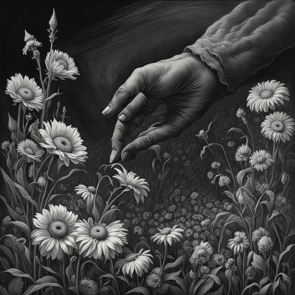 Monochrome Flowers and Hand in Doré Style