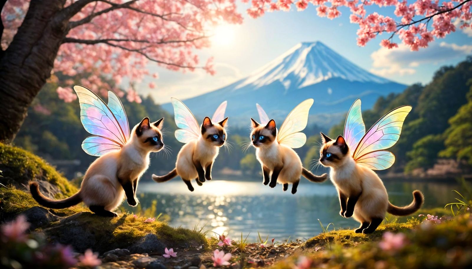Siamese Cat Fairies Fly Through Japanese Landscape