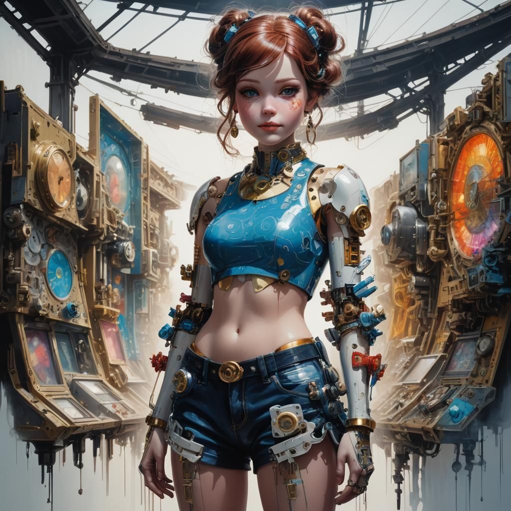 Hyper-Realistic Clockwork Doll as Acrylic Painting