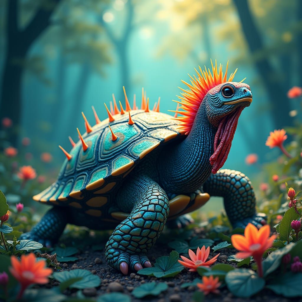 Majestic Turtle-Turkey-Hedgehog Hybrid in Mystical Forest