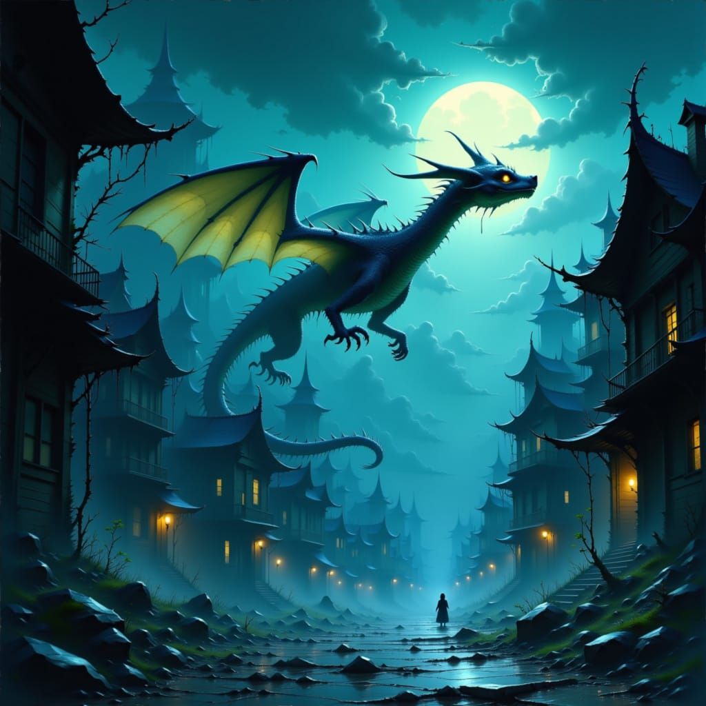 Ethereal Dragon in Moonlit Cityscape: Dark Fantasy