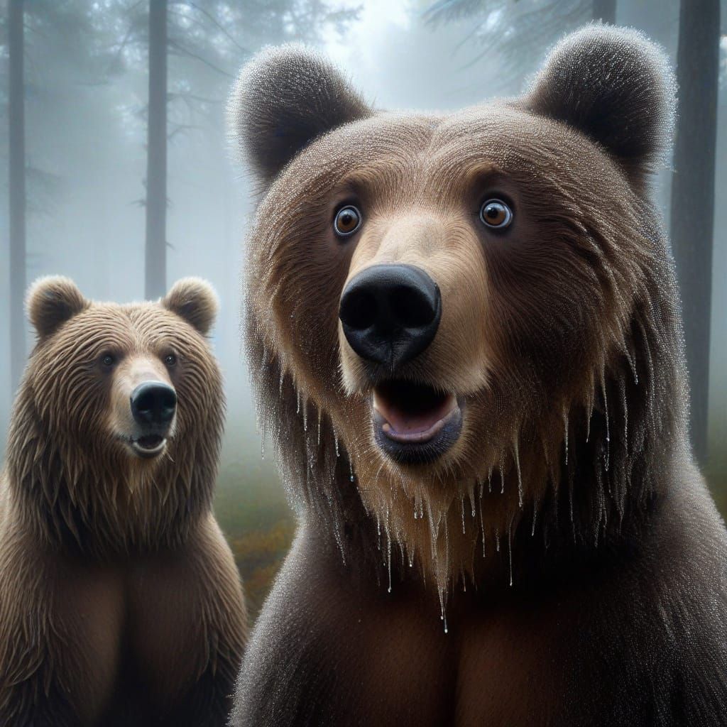 Excited Grizzly Bear in Dew-Kissed Forest