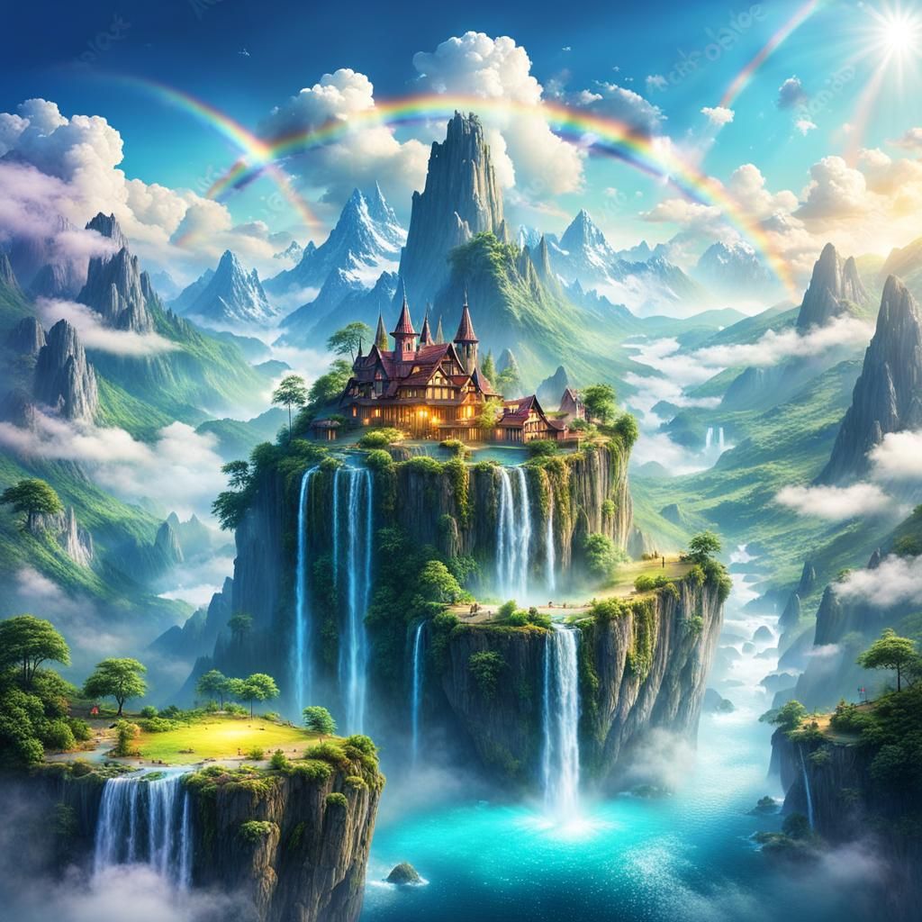 Dreamy Floating Island in Misty Mountains