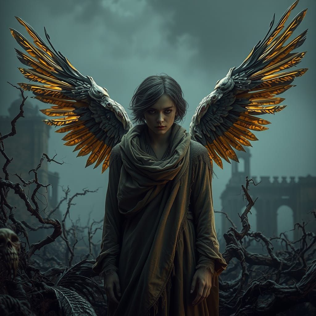 Fallen Seraphim in Ruined Garden: Dark Fantasy Art