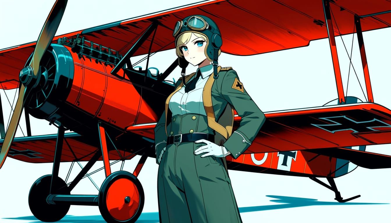 Anime Style Female Richthofen Beside Red Albatros D.II