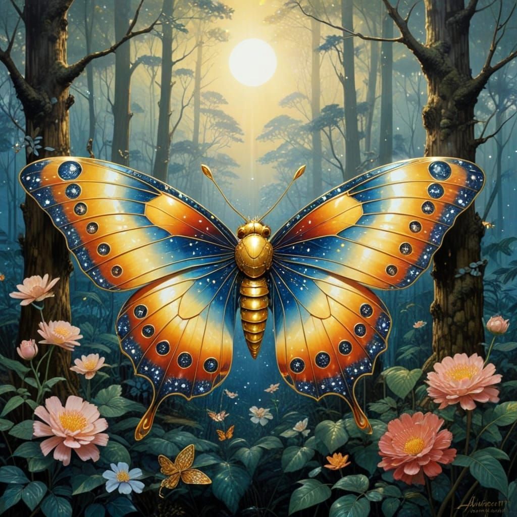 HAJIME SORAYAMA GOLDEN MOTH, (jewel encrusted wings:1.5) :: (Miho Hirano:1.3) whimsical FOREST, Acrylic paint