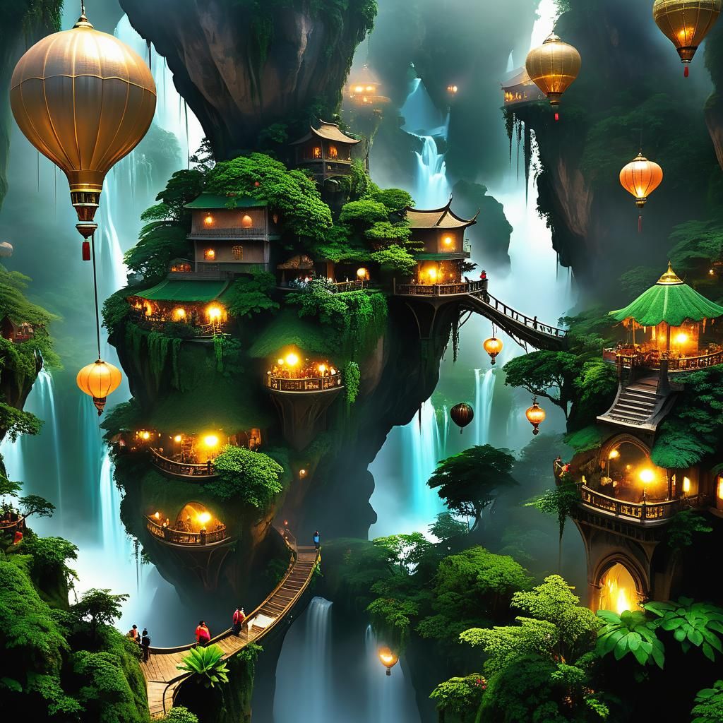 Solarpunk Aerial Village with Waterfalls and Gardens