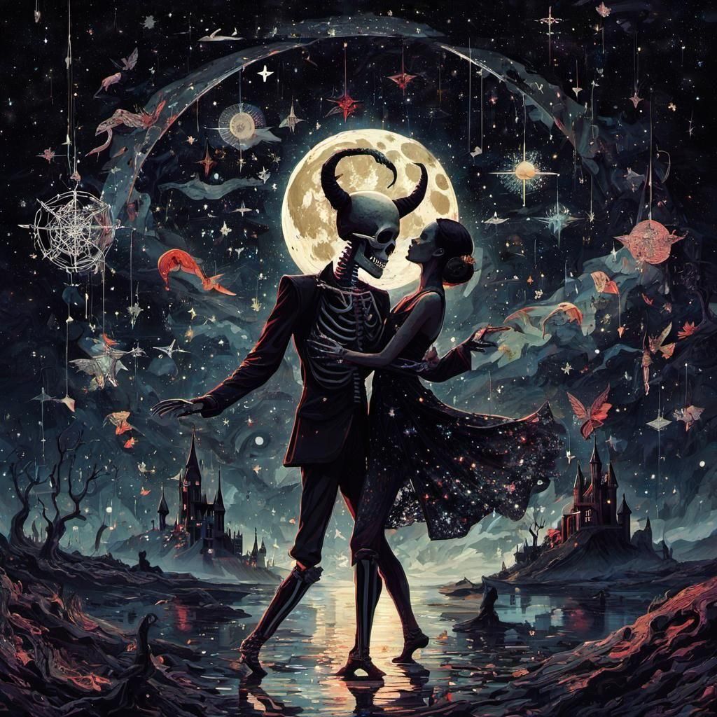 Macabre Dance with Devil in Starry Double Exposure