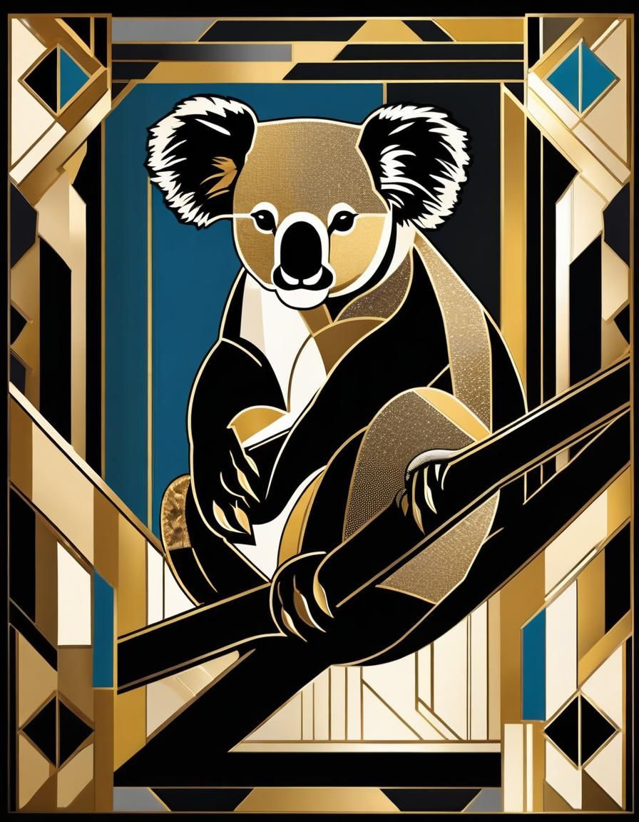 Art Deco Koala on Branch with Geometric Shapes