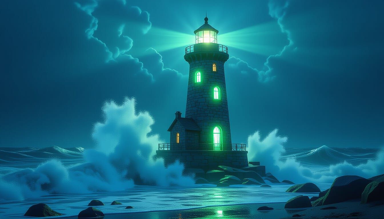 Glowing Sea Glass Lighthouse Piercing Dark Waves