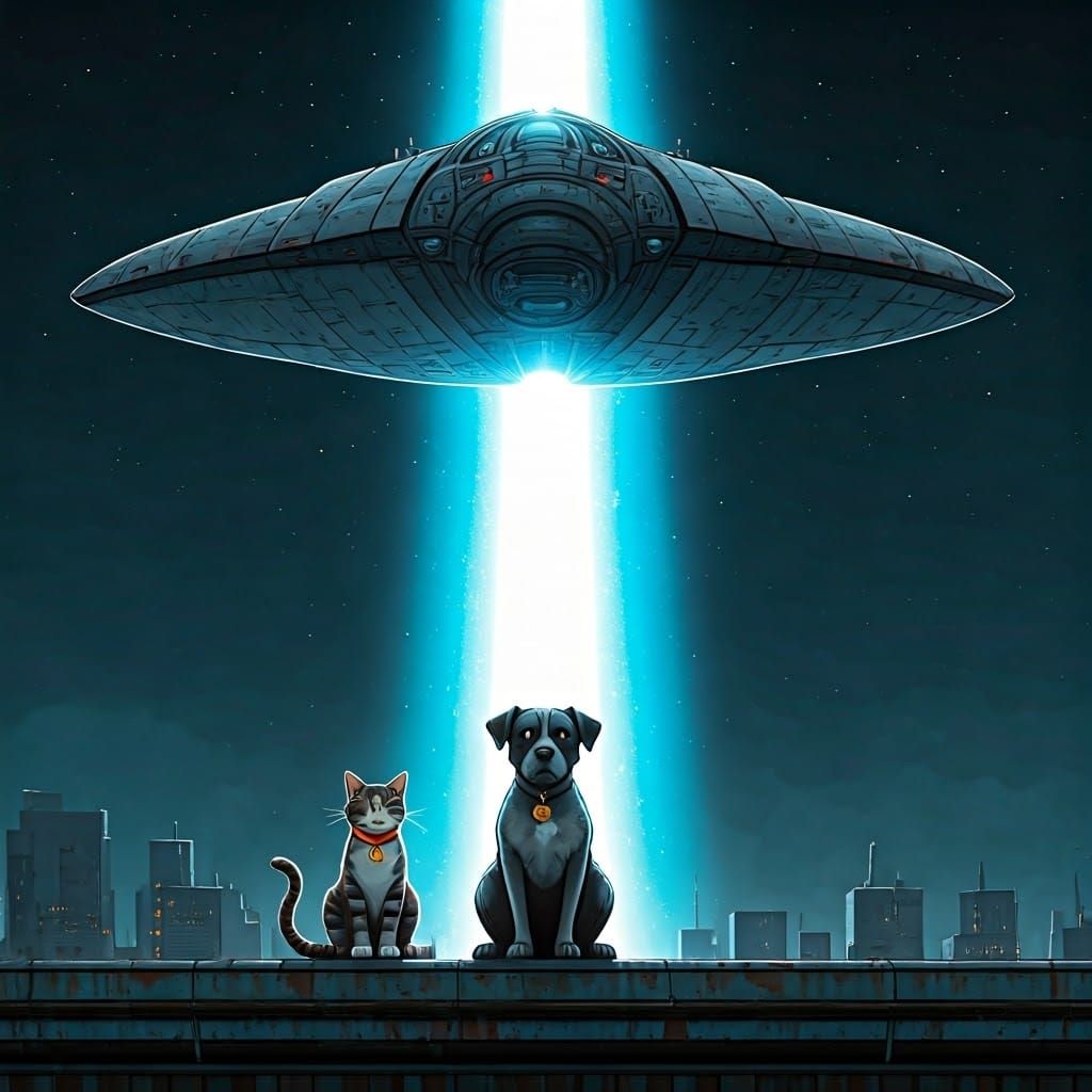 Cat and Dog Abduction by Spaceship in Comic Style
