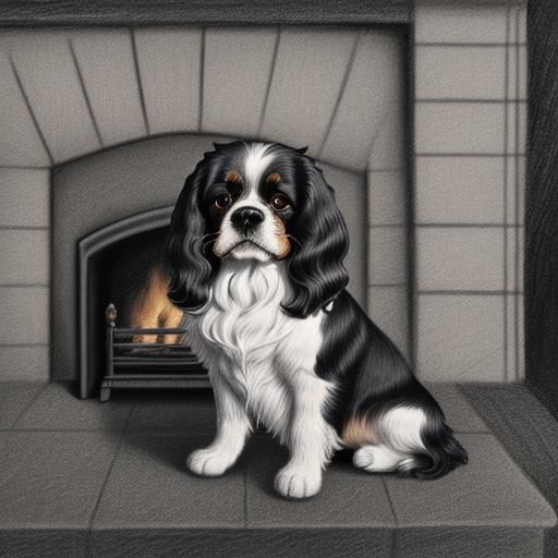 Charcoal drawing, very detailed, King Charles Spaniel, sitting on a cushion in front of a hearth, with fire burning in t...