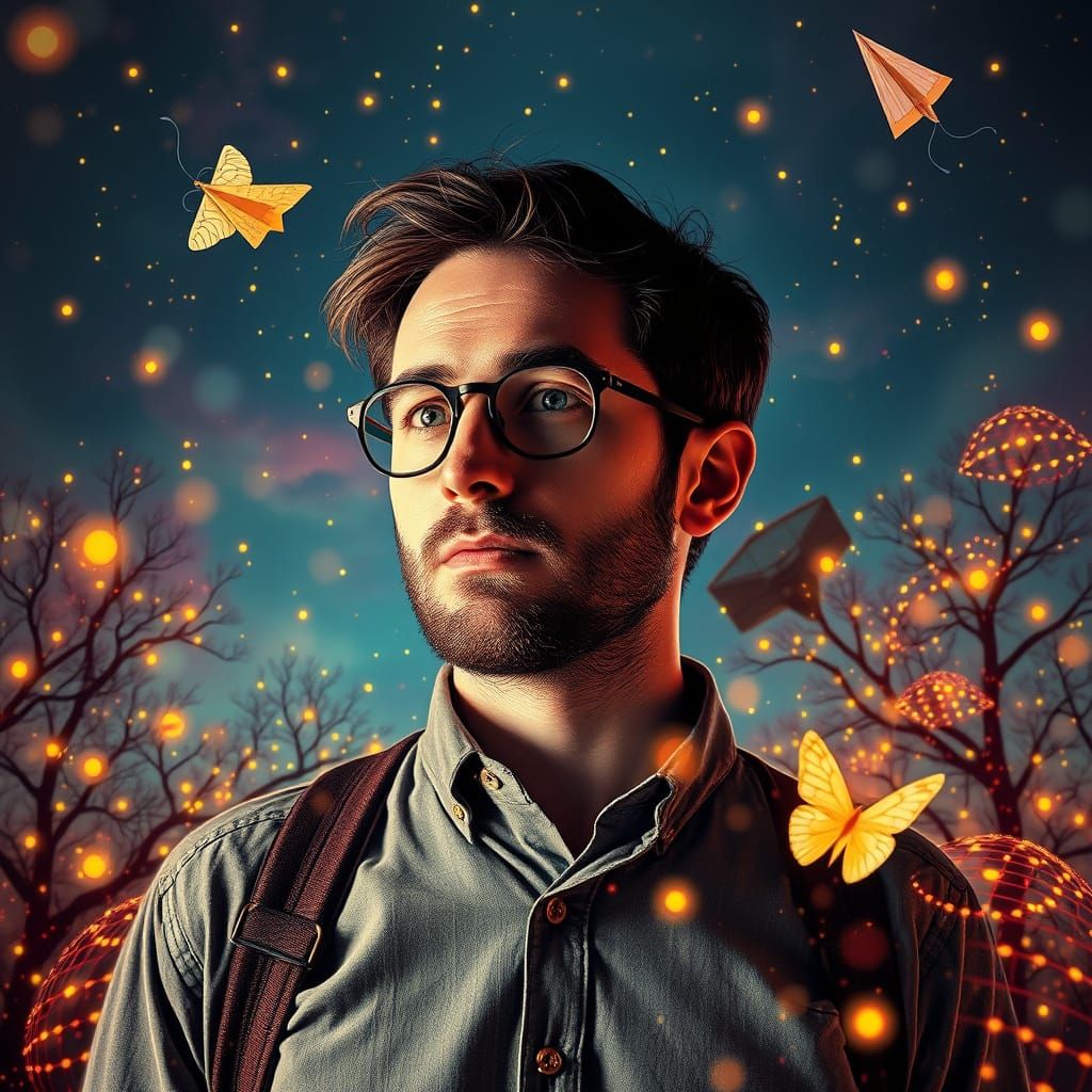 Surreal Fireflies and Paper Plane in Optical Illusion Style