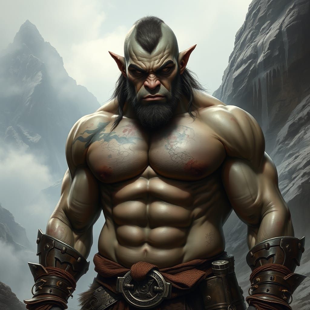 Orc Barbarian with Elven Features in Hyperrealistic Style