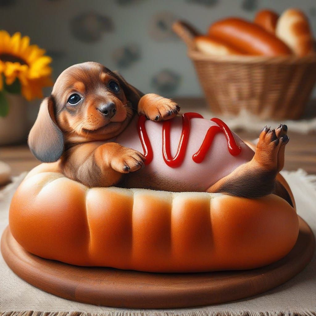 Obese Dachshund Puppy in Brioche Bun Photograph