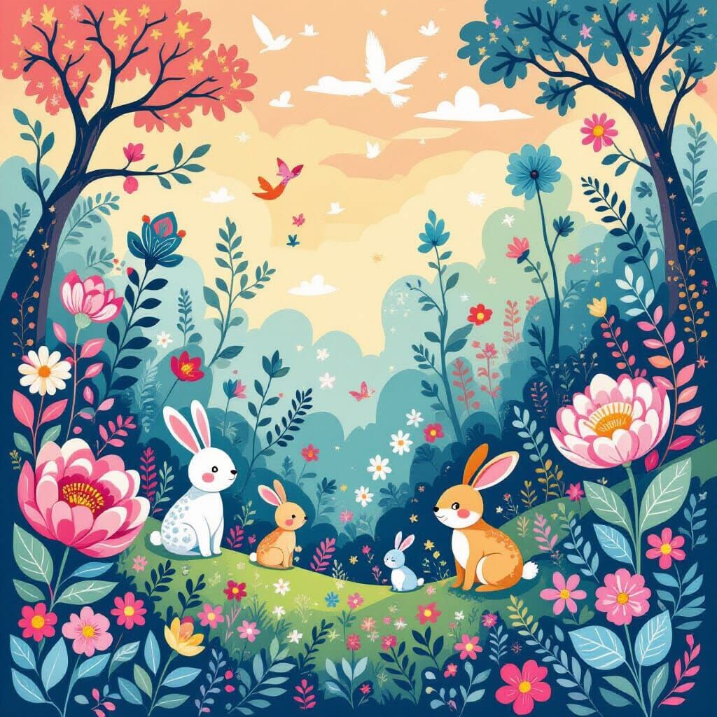 Ethereal Surreal Cartoon Pattern of Whimsical Flora and Faun...